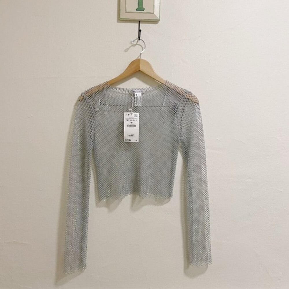NWT Zara rhinestone mesh long sleeve top